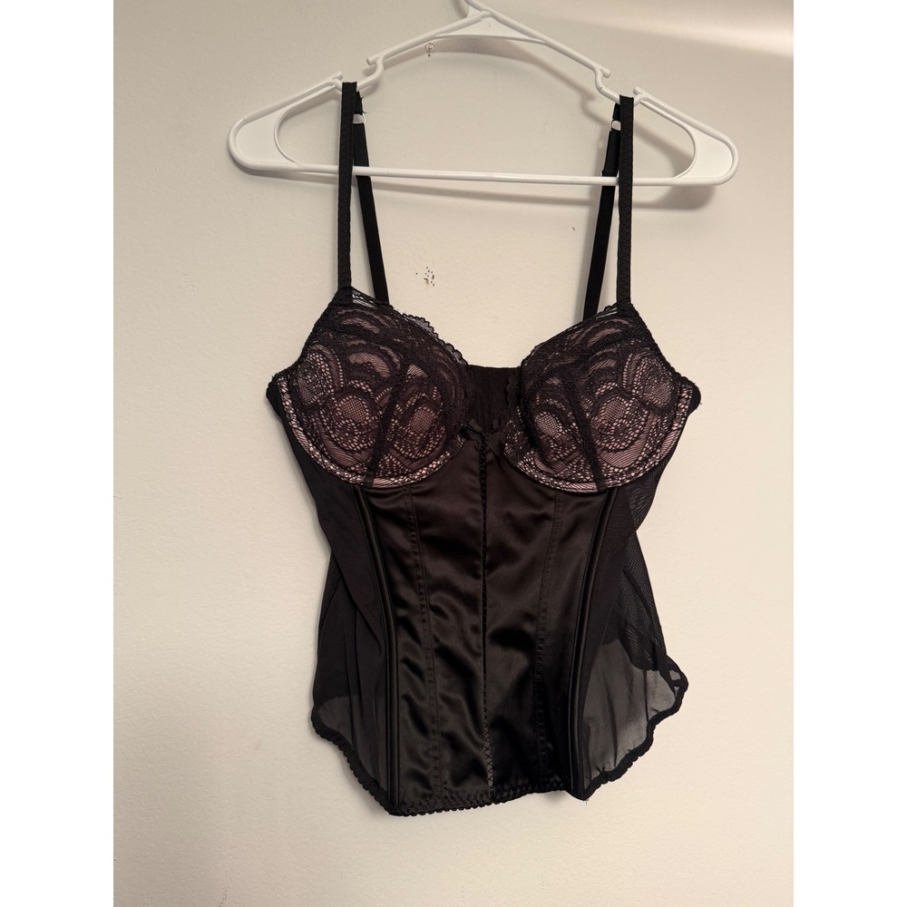Victorias Secret Black Satin Lace Underwire Bustier Corset Top 36C Hook Eye Back
